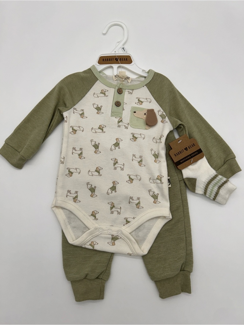 Rabbit Bear 6-9M Olive Green Puppy Print 3pc Outfit Set